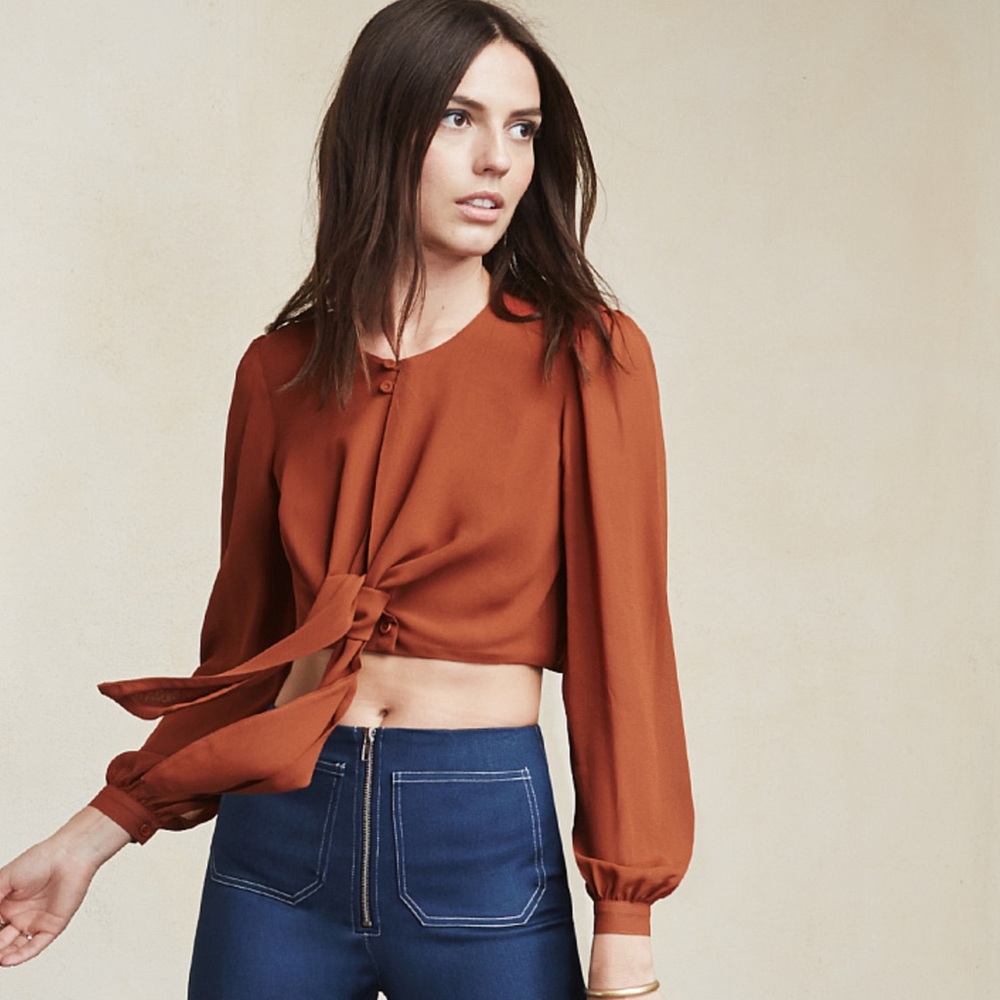Reformation Rust Tie-Front Long Sleeve Blouse